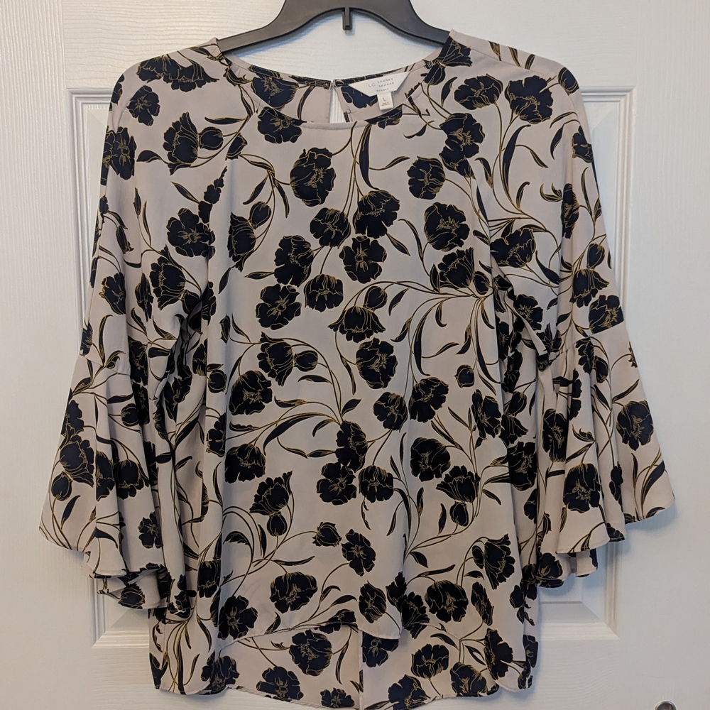 LC Lauren Conrad Navy and Cream Bell Sleeve Blouse